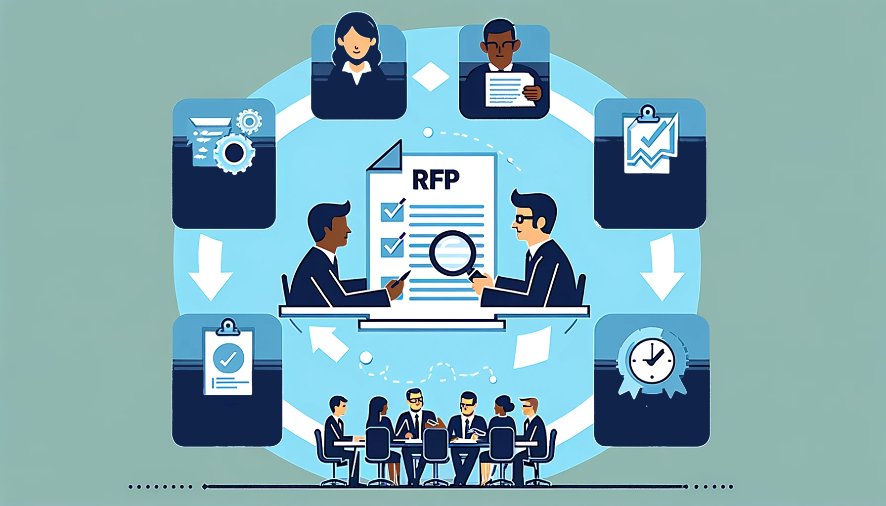 A vector style flow chart for an RFP (Request for Proposal) process, featuring four key steps without any text. 