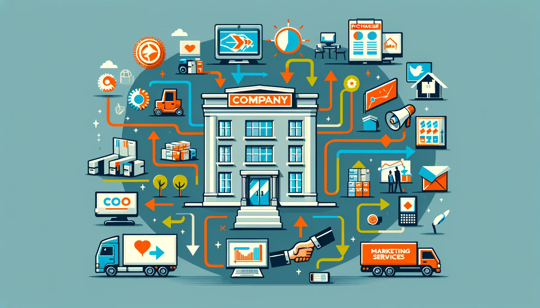 A vector-style diagram  illustrating a company engaged in purchasing a variety of products and services