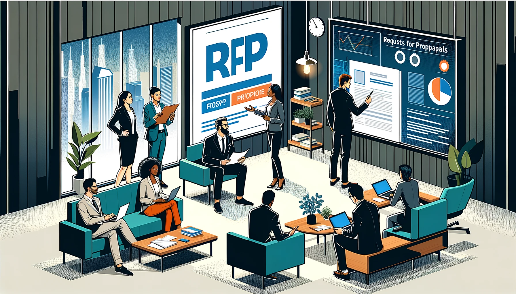 A vector-style illustration depicting a diverse business team in a modern office environment, using Requests for Proposals (RFPs) to expand their business