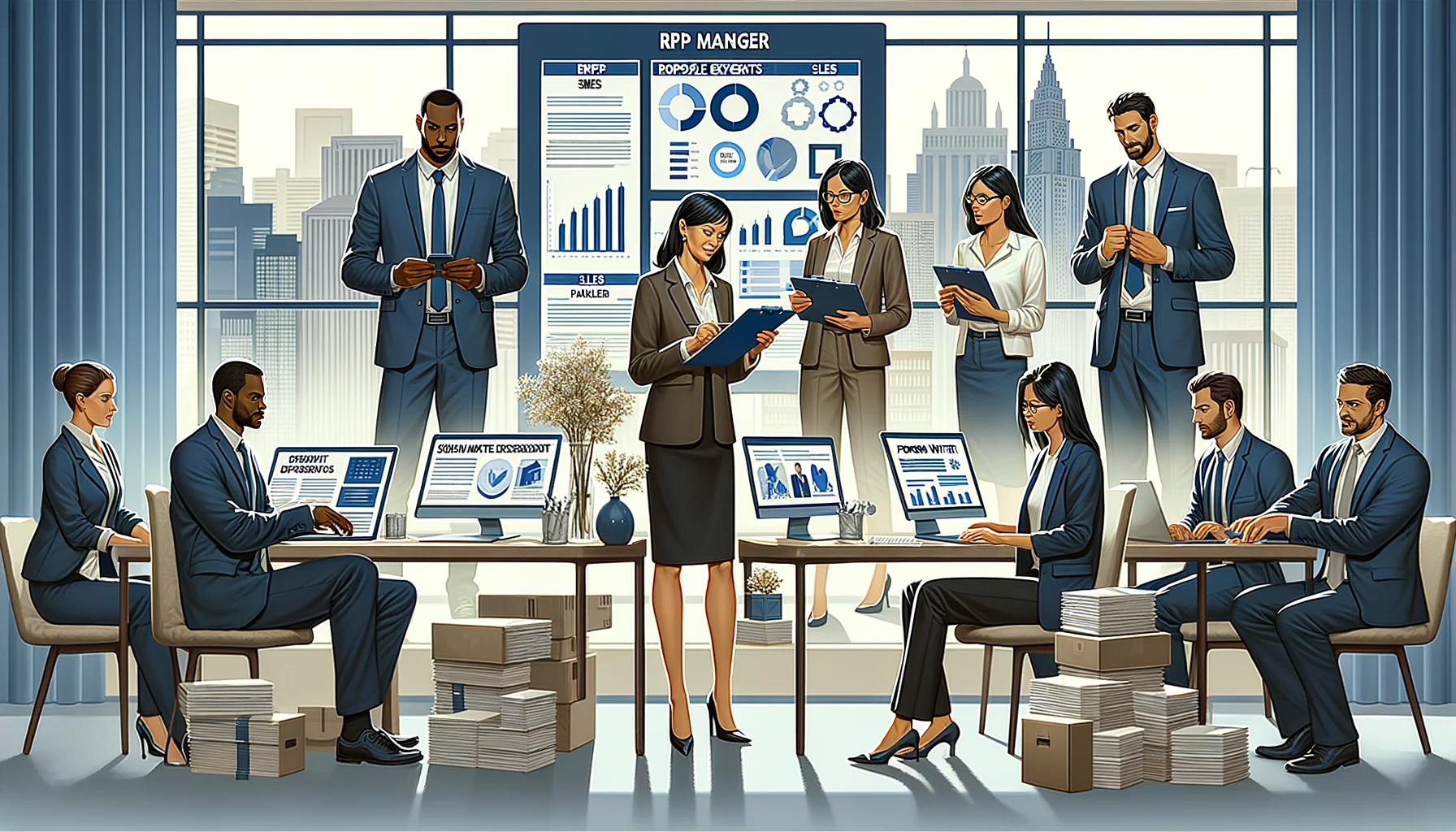 An illustration depicting an RFP (Request for Proposal) team in an office setting, showcasing four distinct roles. 